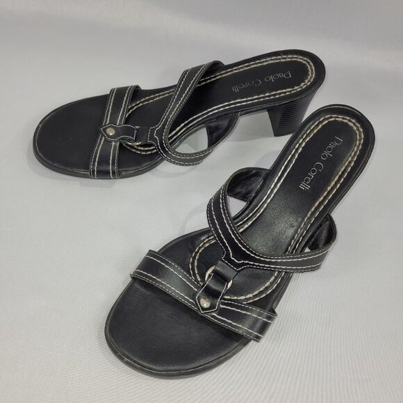 Paolo Corelli Black Heeled Sandals Summer Shoes Leather Uppers Women's size 9 - Picture 1 of 3